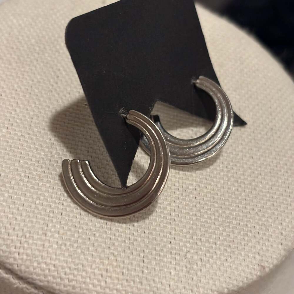 Silver-Tone Triple-Ribbed Semi-Hoop Stud Earrings